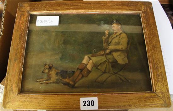 Oil of relaxing Scotsman with dog